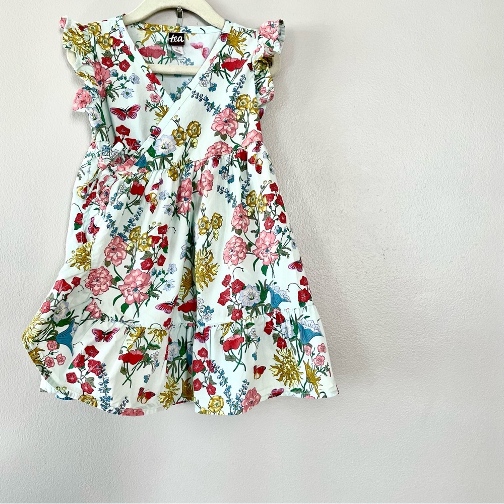 Tea sz 4 blue floral and butterfly cotton wrap dress